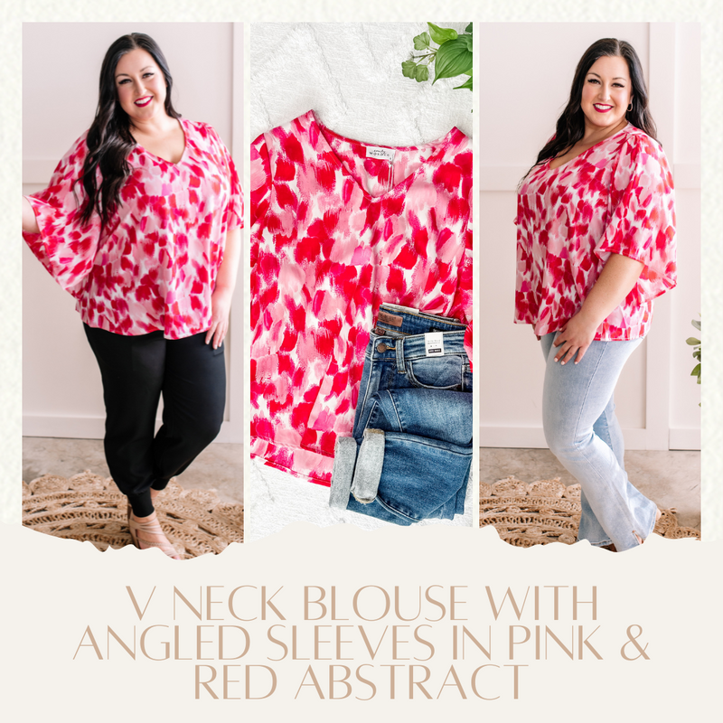 V Neck Blouse With Angled Sleeves In Pink & Red Abstract