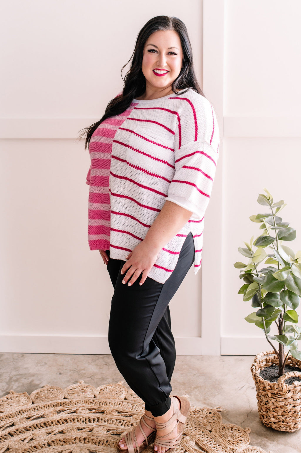 Colorblock Knit Striped Sweater In Pink Multi