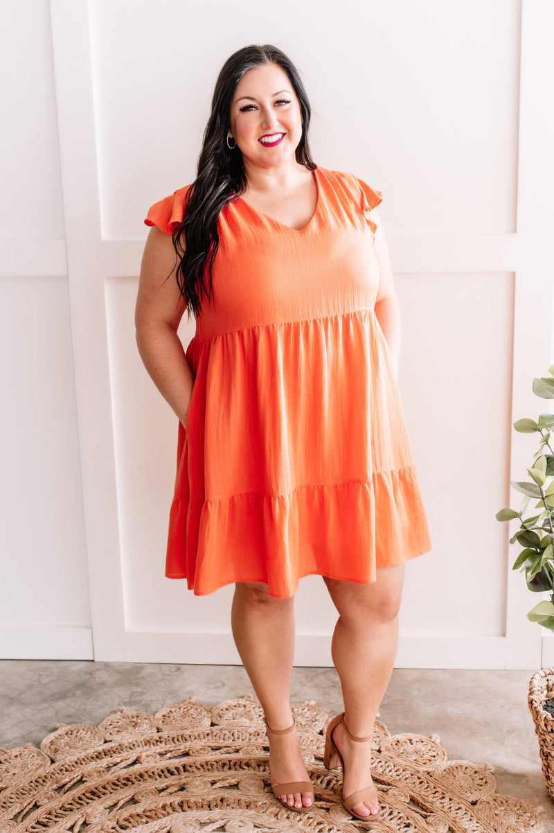 Tiered V Neck Dress With Flutter Sleeves In Tangerine
