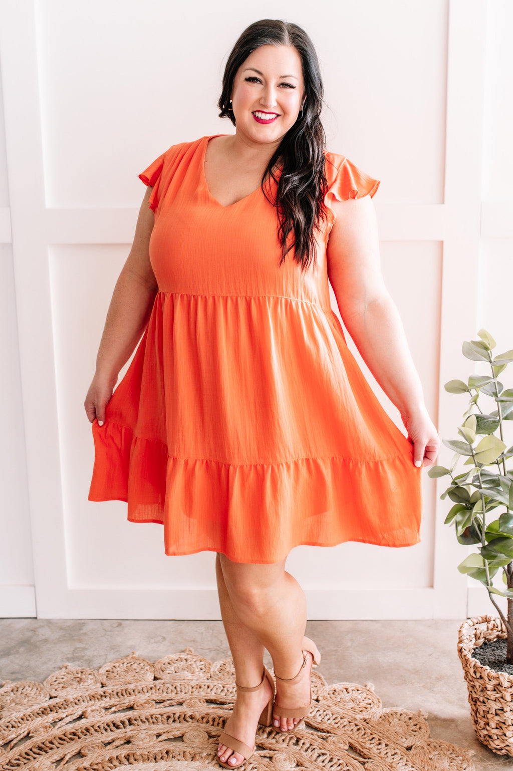 Tiered V Neck Dress With Flutter Sleeves In Tangerine