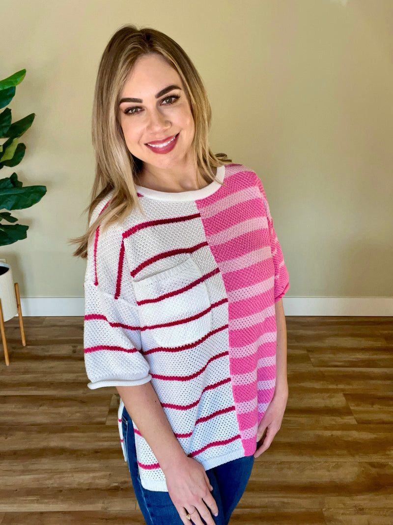 Colorblock Knit Striped Sweater In Pink Multi