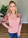 Ribbed Knit Top With Floral Sleeve Detail In Pink
