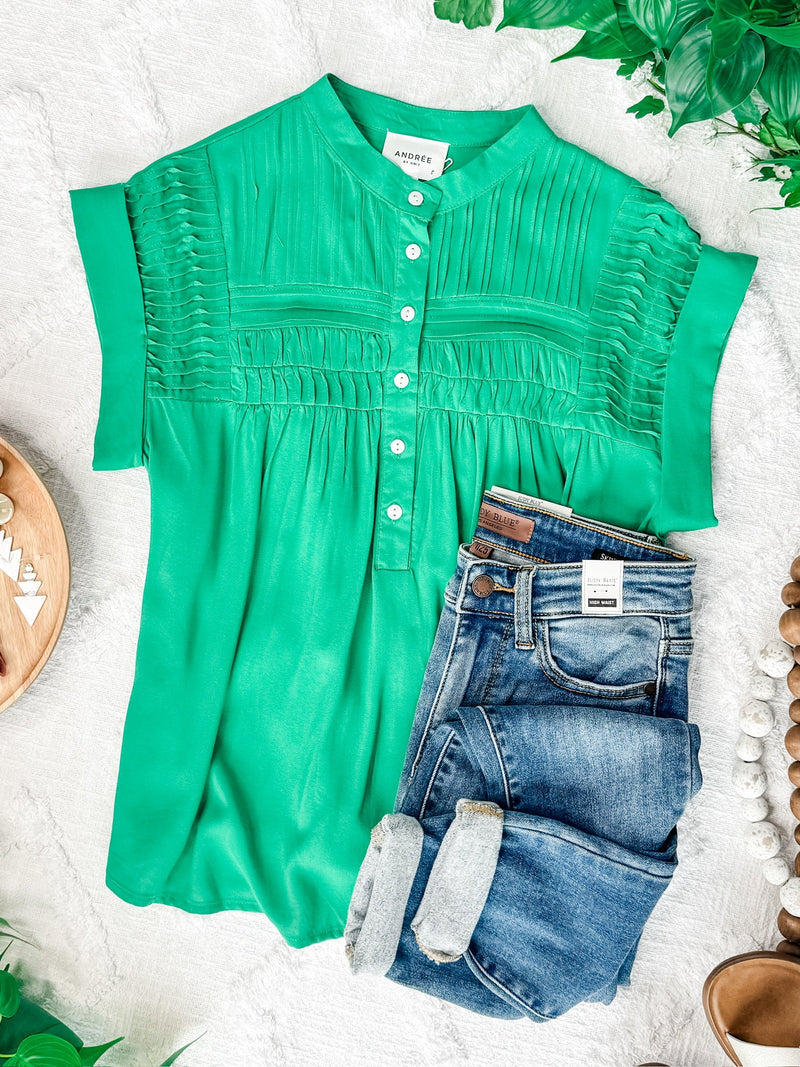 Button Front Pleated Blouse In Spring Green