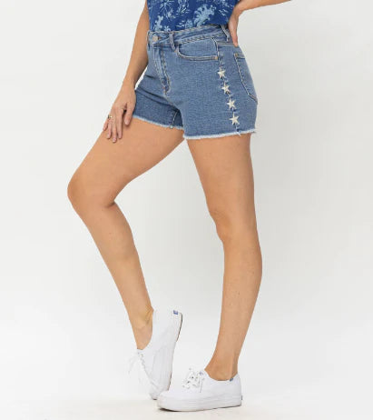 Judy Blue Star Embroidered High Rise Fray Shorts