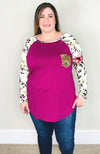 Floral Sleeve Raglan Top | Magenta - Trendy Plus Size Women's Boutique Clothing