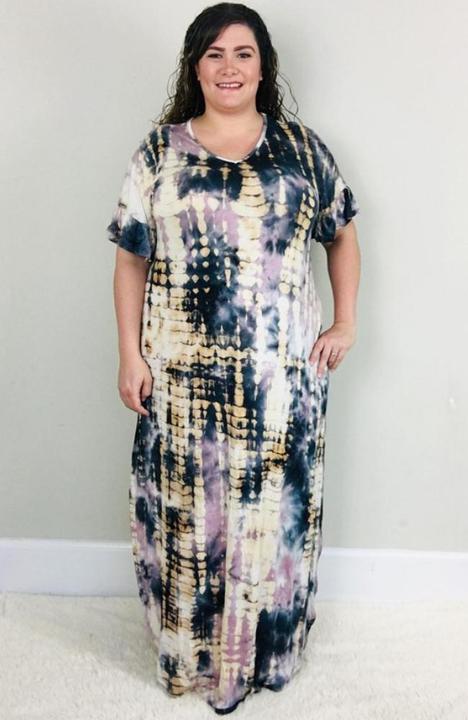 Mauve Ink Tie Dye Jersey Maxi Dress - Trendy Plus Size Women's Boutique Clothing