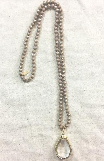36" Hand Knotted Taupe Bead with Crystal Pendent - Trendy Plus Size Women's Boutique Clothing