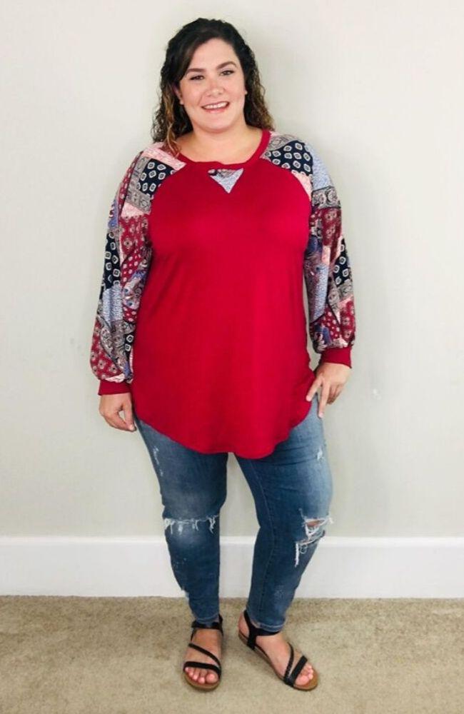 Red Patterned Balloon Sleeve Top - Trendy Plus Size Women's Boutique Clothing