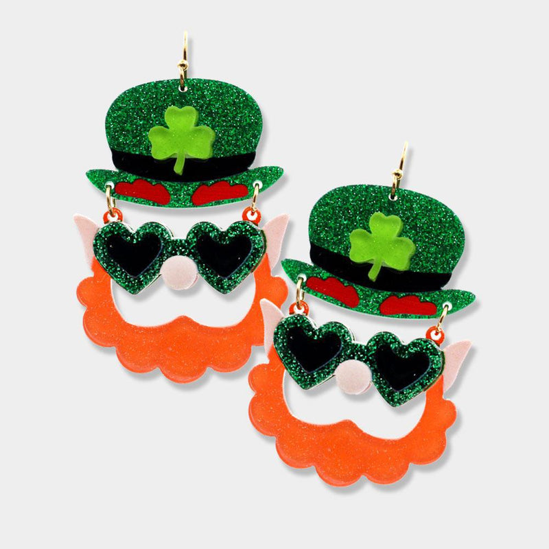 St. Patrick's Day Glittered Leprechaun Dangle Earrings