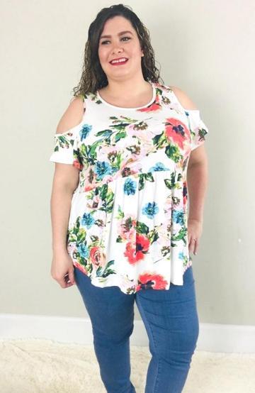 Spring Floral Cold Shoulder Tee | Ivory - Trendy Plus Size Women's Boutique Clothing