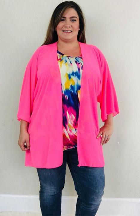 Plus Size Neon Pink Sheer Kimono - Trendy Plus Size Women's Boutique Clothing