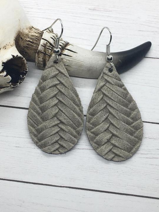 Taupe| Italian Fishtail Braided Leather Small Teardrop Earrings (2”drop) - Trendy Plus Size Women's Boutique Clothing