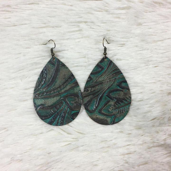 2.5” Weathered Teal & Brown Deep Embossed Teardrops (Leather) - Trendy Plus Size Women's Boutique Clothing
