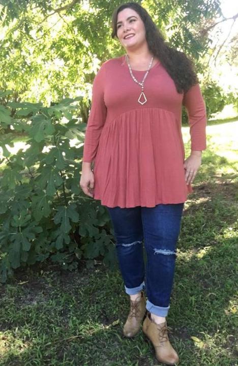 3/4 Sleeve Baby Doll Top | Marsala - Trendy Plus Size Women's Boutique Clothing