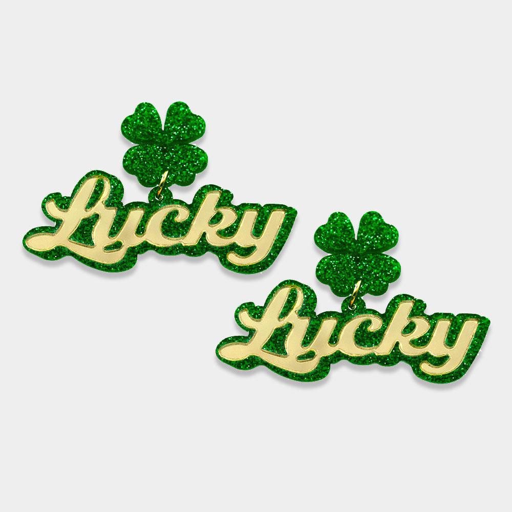 Lucky St. Patrick's Day Clover Message Dangle Earrings