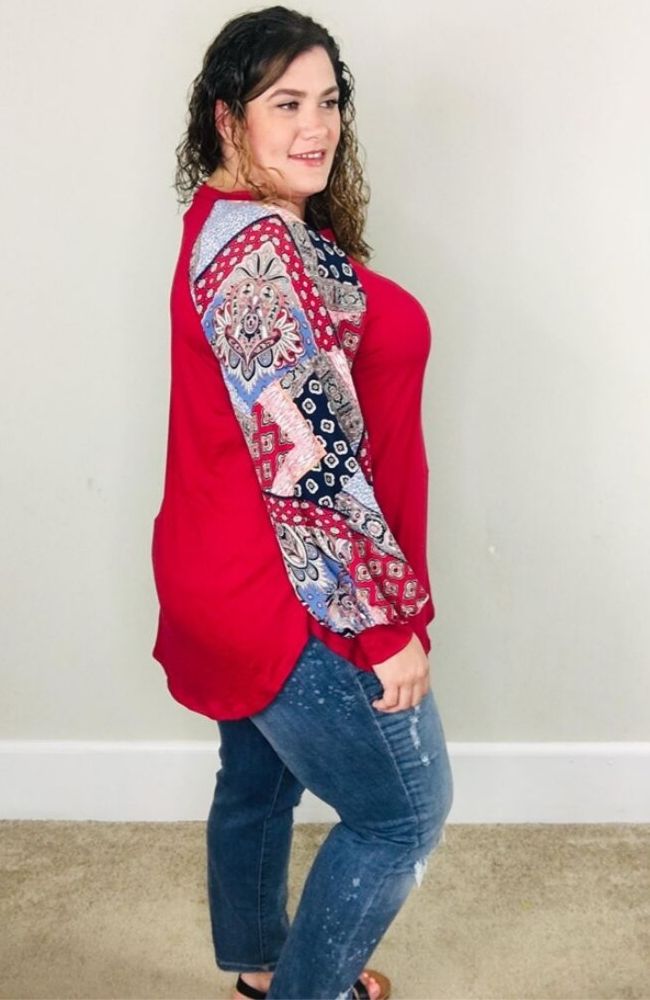 Red Patterned Balloon Sleeve Top - Trendy Plus Size Women's Boutique Clothing