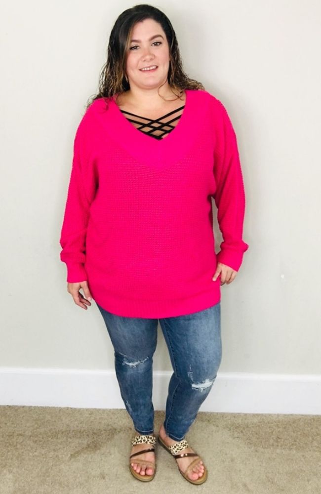 V Neck Waffle Sweater | Hot Pink - Trendy Plus Size Women's Boutique Clothing