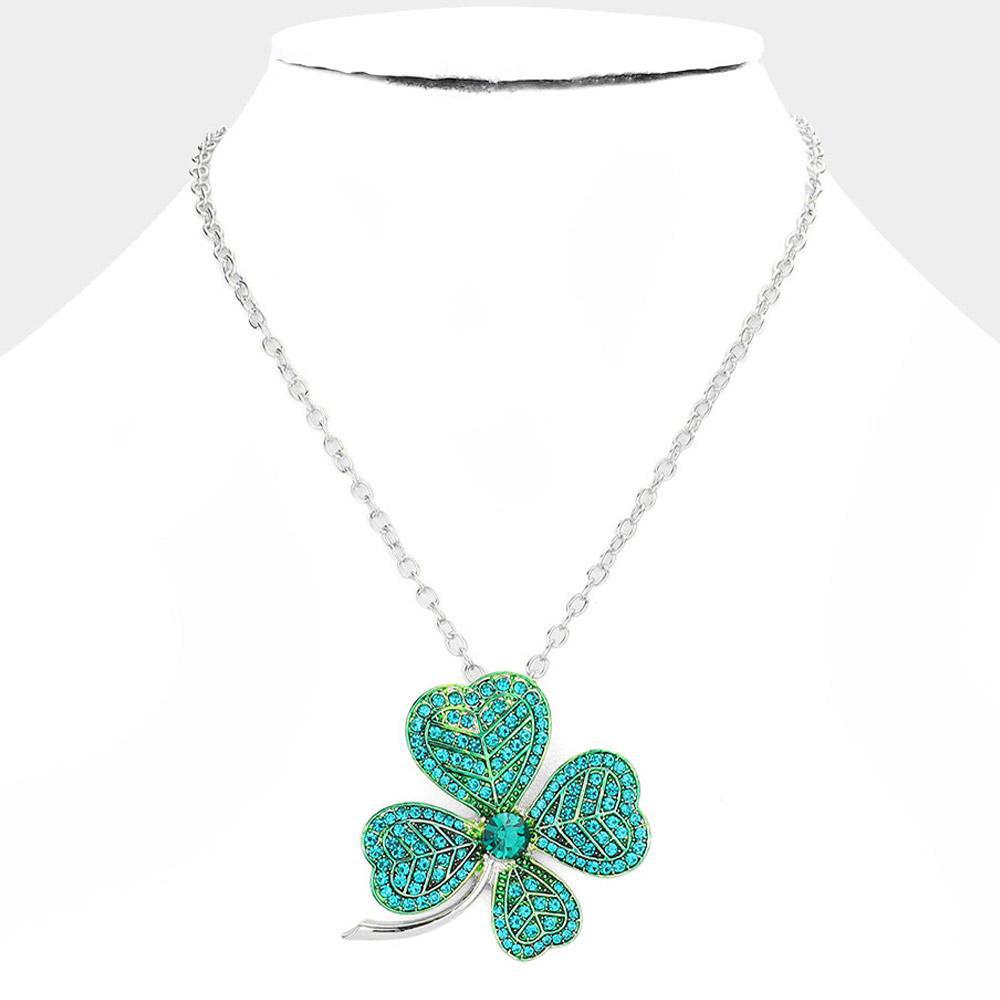 St. Patrick's Day Stone Embellished Clover Pendant Necklace - Silver
