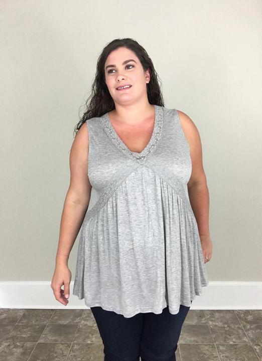 Crossed Lace Ruffle Tank | Heather Grey - Trendy Plus Size Women's Boutique Clothing
