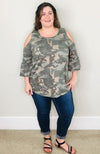 Camouflage Cold-Shoulder Ruffle Tunic - Trendy Plus Size Women's Boutique Clothing