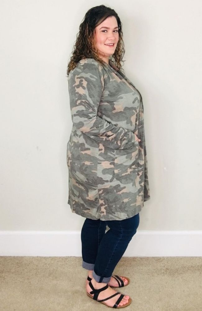 Camouflage Open Front Cardigan - Trendy Plus Size Women's Boutique Clothing