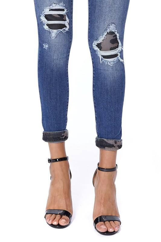 Judy Blue Distressed Camo Detail Cuffed Skinny Jeans - Trendy Plus Size Women's Boutique Clothing