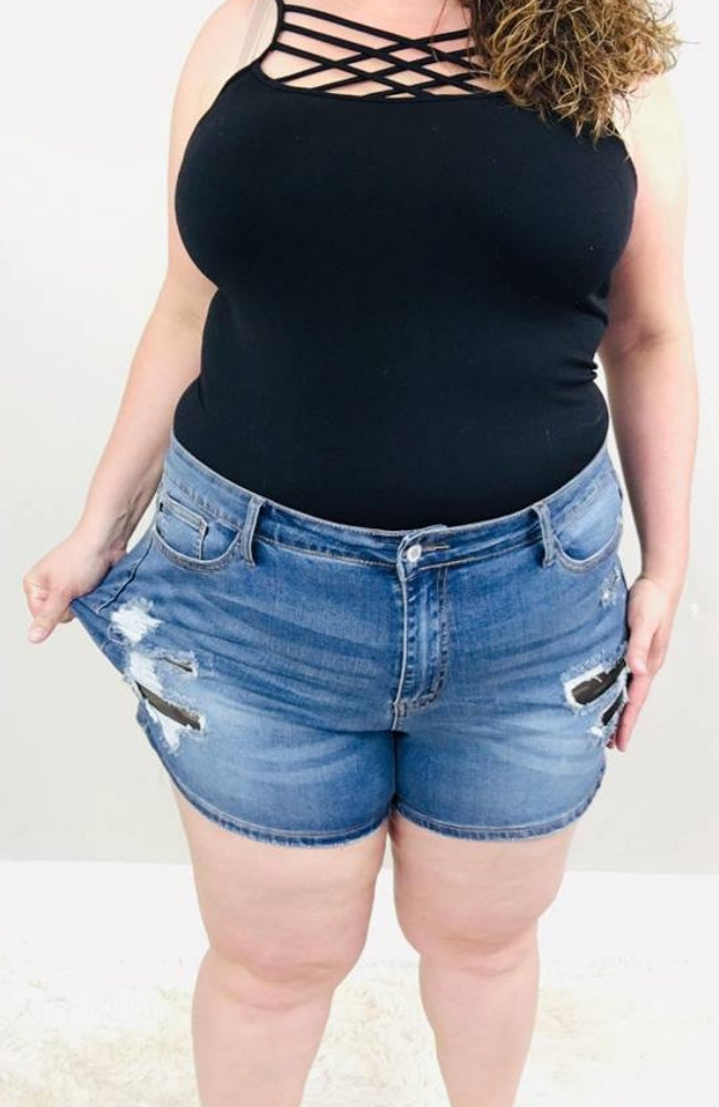 Plus Size Judy Blue Camo Patch Shorts - Trendy Plus Size Women's Boutique Clothing