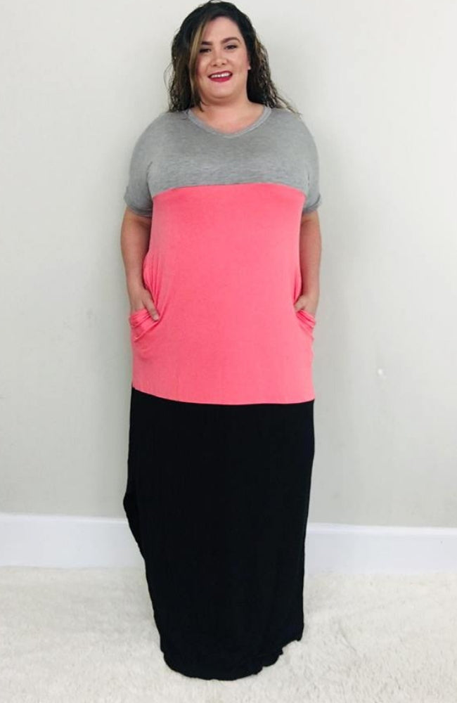 Grey/Coral/Black Color Block Maxi - Trendy Plus Size Women's Boutique Clothing
