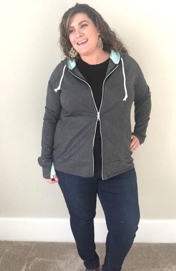 Tiffany Blue/ Charcoal Hoodie w/ Thumbholes - Trendy Plus Size Women's Boutique Clothing
