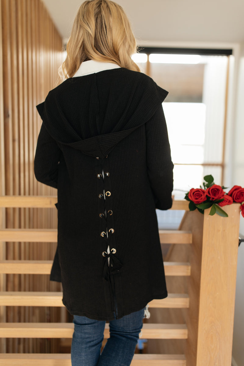 Hooded and Laced Cardigan in Black