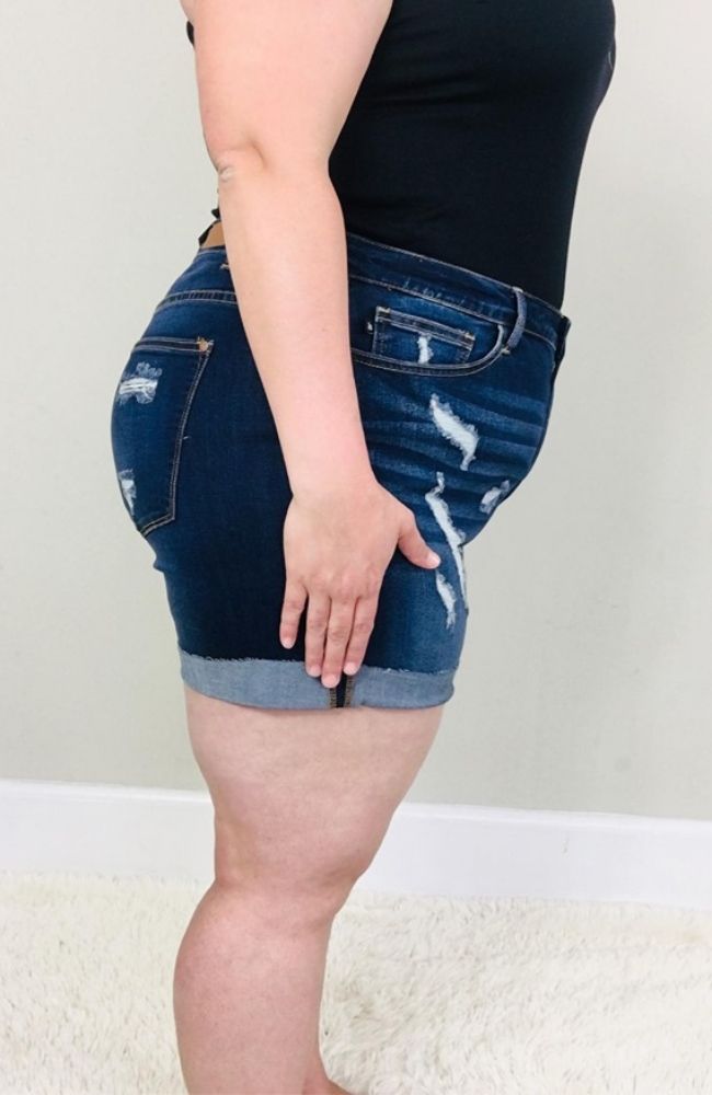 Plus Size Judy Blue Destroyed Cuff Dark Denim Shorts - Trendy Plus Size Women's Boutique Clothing