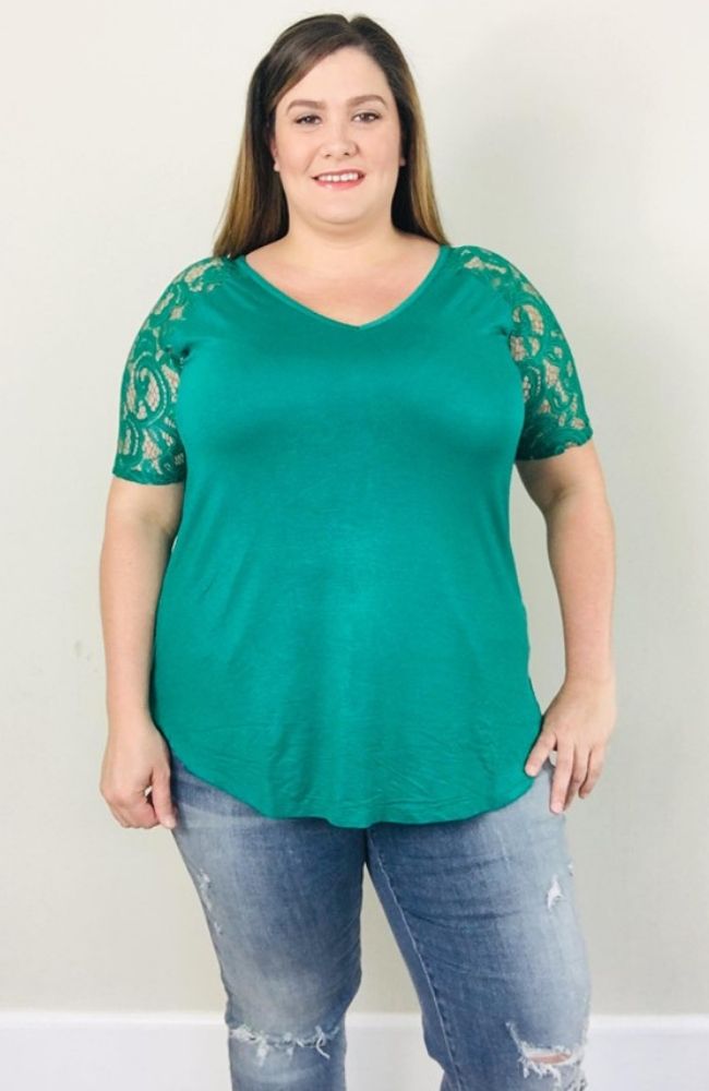 Lace Sleeve Tee | Forest Green - Trendy Plus Size Women's Boutique Clothing