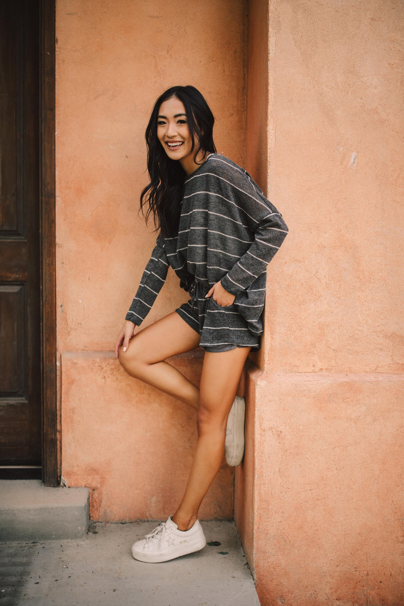 Lightweight Striped Pullover In Charcoal