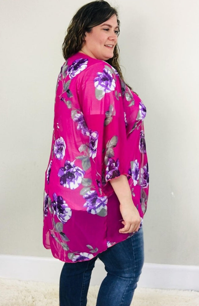 Magenta Floral Kimono - Trendy Plus Size Women's Boutique Clothing