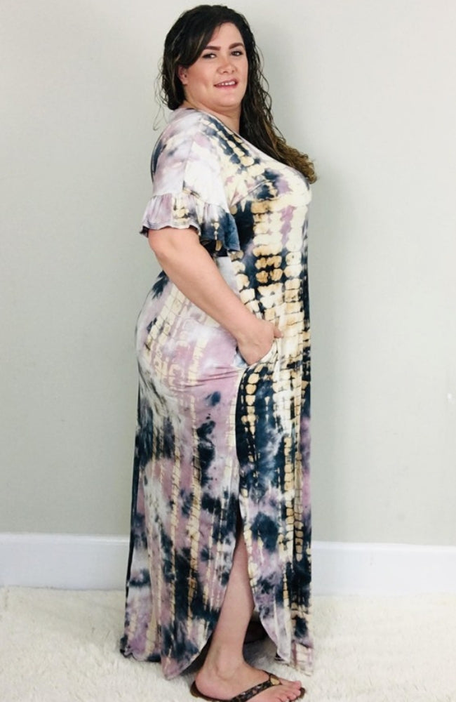 Mauve Ink Tie Dye Jersey Maxi Dress - Trendy Plus Size Women's Boutique Clothing