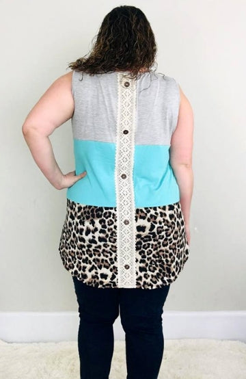 Leopard Color Block Tank | Mint - Trendy Plus Size Women's Boutique Clothing