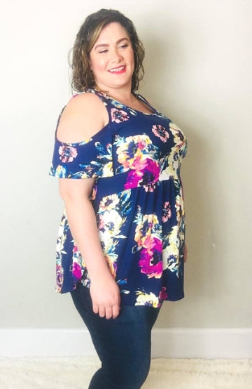 Spring Floral Cold Shoulder Tee | Navy - Trendy Plus Size Women's Boutique Clothing