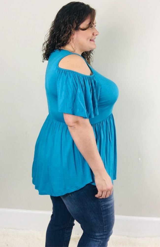 Peacock Blue Cold Shoulder - Trendy Plus Size Women's Boutique Clothing