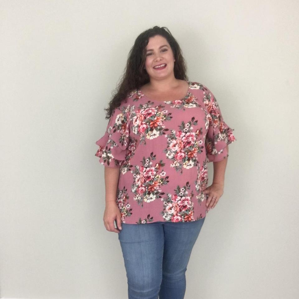 Dusty Rose Ruffle Sleeve Floral Top - Trendy Plus Size Women's Boutique Clothing