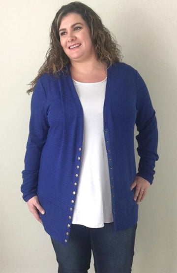 Heathered Royal | Snap Cardigan - Trendy Plus Size Women's Boutique Clothing