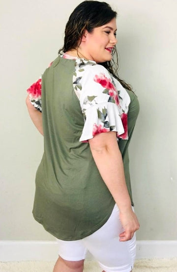 Olive Floral Flutter Sleeve Tee - Trendy Plus Size Women's Boutique Clothing