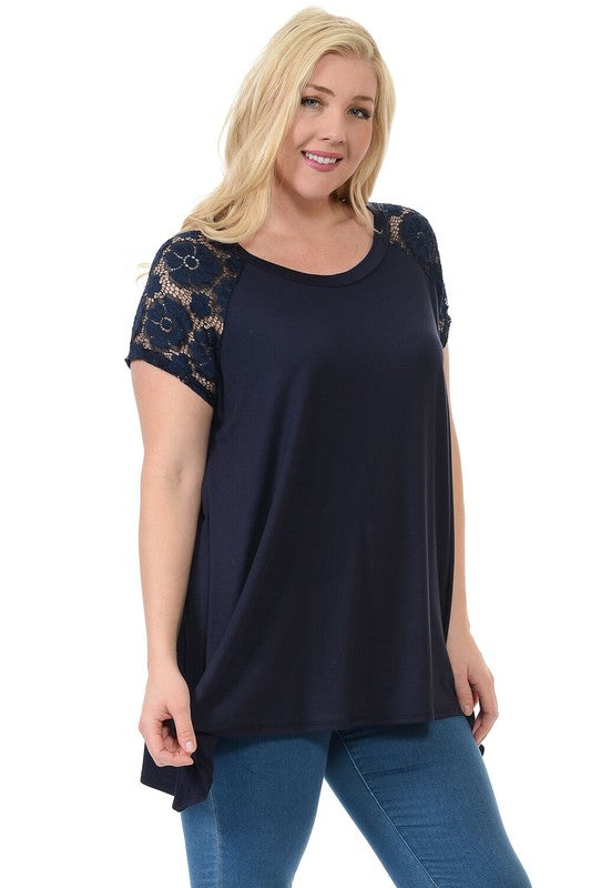 Navy Lace Asymmetrical Hem Tunic - Trendy Plus Size Women's Boutique Clothing