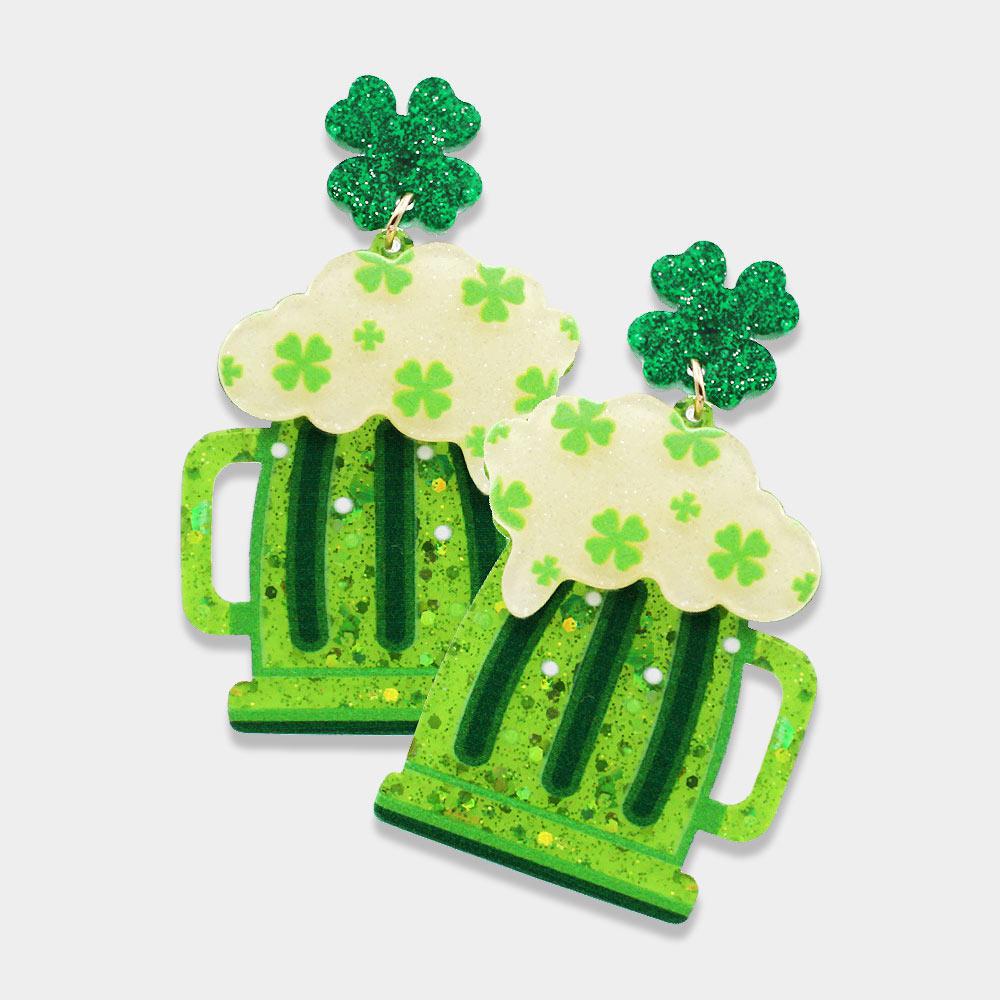 St. Patrick's Day Clover Beer Dangle Earrings