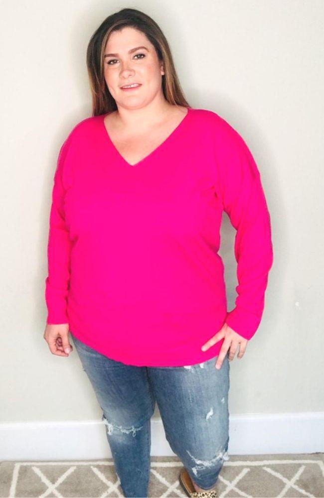 Drop Shoulder Sweater | Hot Pink - Trendy Plus Size Women's Boutique Clothing
