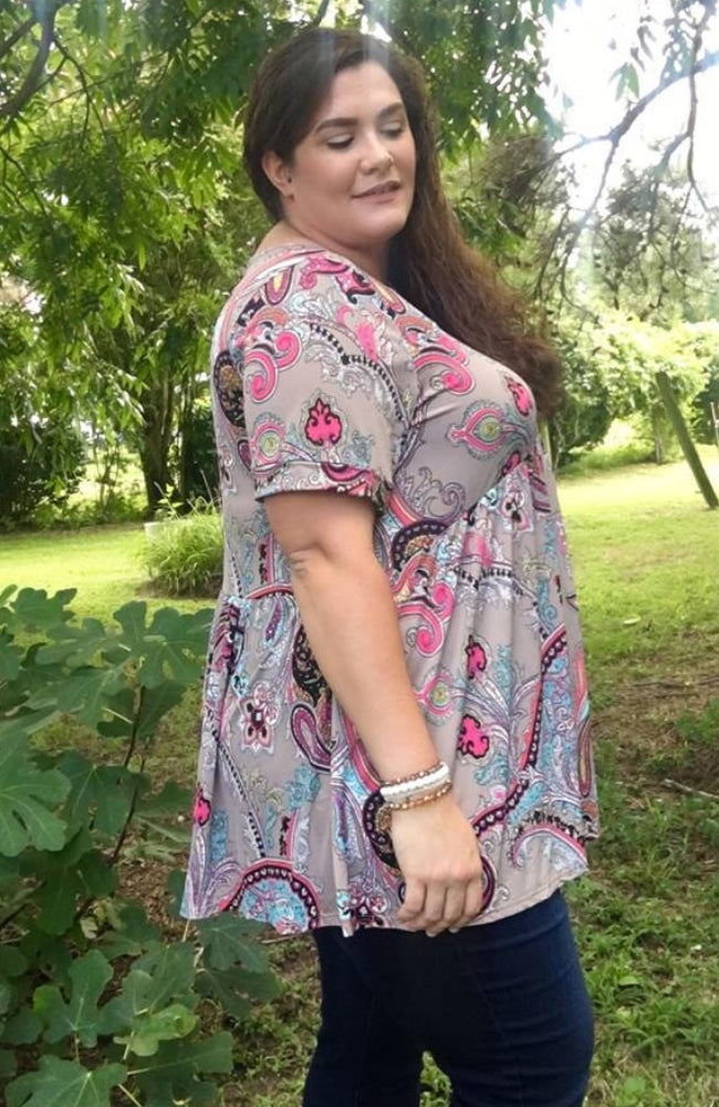 Pink and Paisley Baby doll top - Trendy Plus Size Women's Boutique Clothing