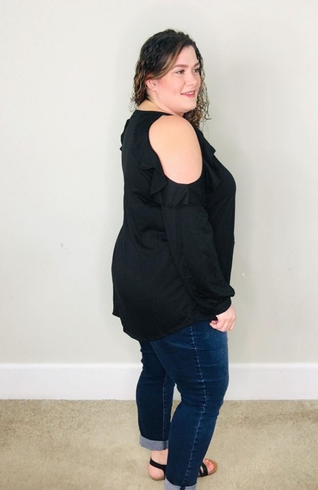 Black Ruffle Cold Shoulder Long Sleeve - Trendy Plus Size Women's Boutique Clothing
