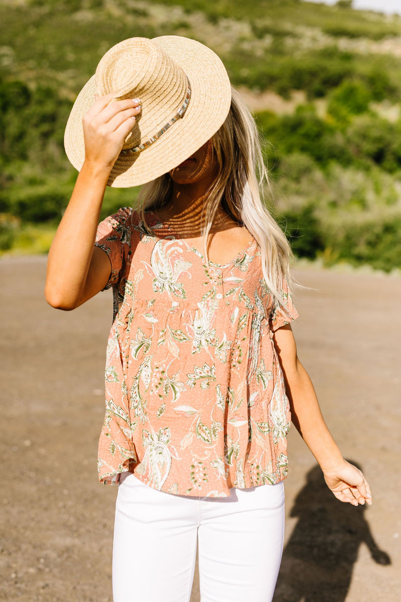 Bliss Swiss Dot Floral Top In Apricot