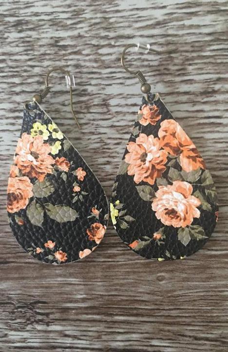 Fall Floral | 3" Faux Leather Earring - Trendy Plus Size Women's Boutique Clothing