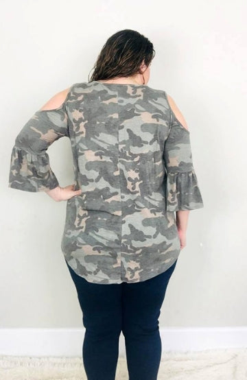 Camouflage Cold-Shoulder Ruffle Tunic - Trendy Plus Size Women's Boutique Clothing