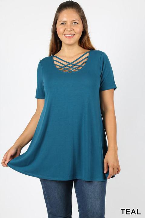 Criss Cross Tee | Teal - Trendy Plus Size Women's Boutique Clothing